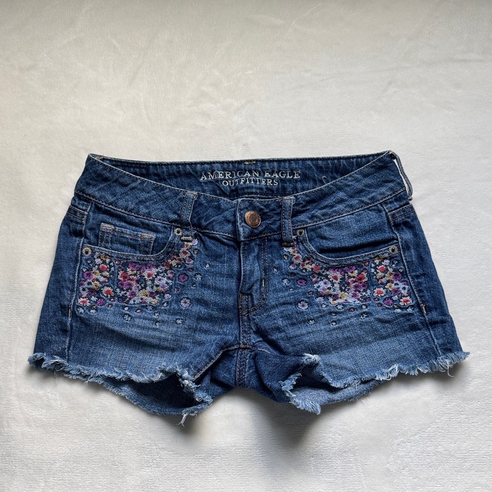 American Eagle Dark Blue Floral Embroidered Denim Shorts